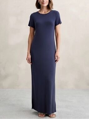 Navy Blue Maxi Dress Luxe Stretchy Minimalist Coastal Short Sleeve Loveappella